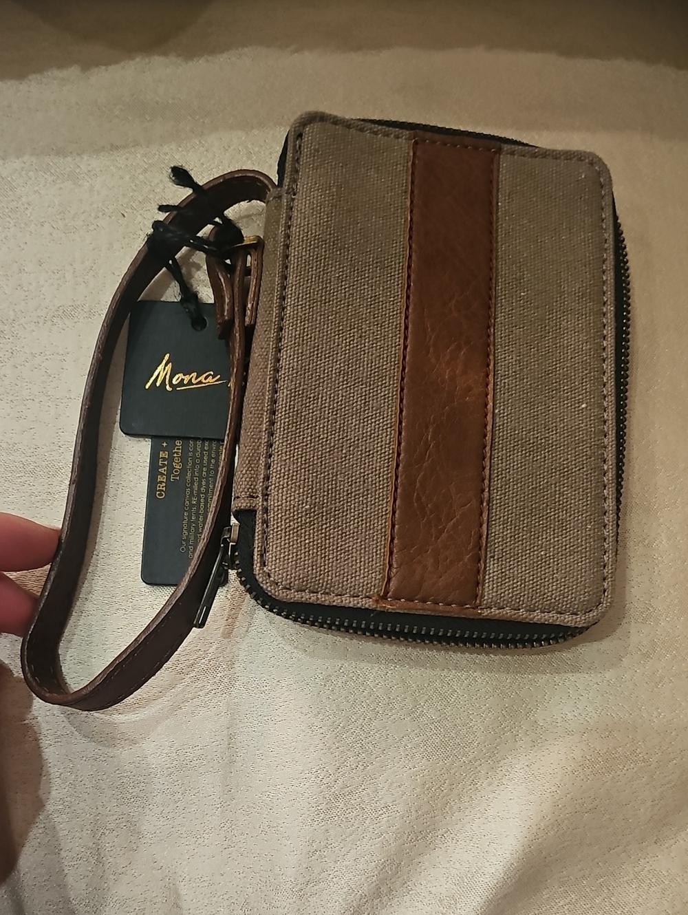 Mona B Tan Canvas & Brown Leather Wristlet Clutch